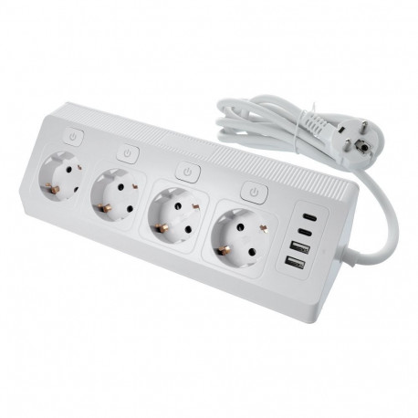 Power strip with 4 sockets max 3680W, 2xUSB A, 2x type C ports with 2m power cable E42 white