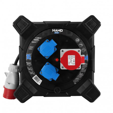 Ruudukujuline pikendusjuhtme kaablirull HAND PWR 4P+Z 2x2p+Z IP44 16A 400V H07RN-F 52,5 15m, must