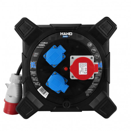 HAND PWR kandiline kaablirull; 4P+Z; 2x2p+Z; IP44; 16A;400V; H07RN-F; 52,5; 15m; SCHUKO, must