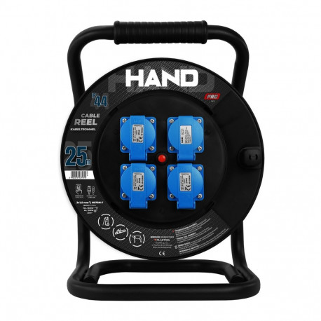 Kaablirull Hand Pro seeria 3x(2p+z) +1x(USB-A; USB-C), IP44, 16A, H07RN-F, 3×1,5, 25m, Schuko, must