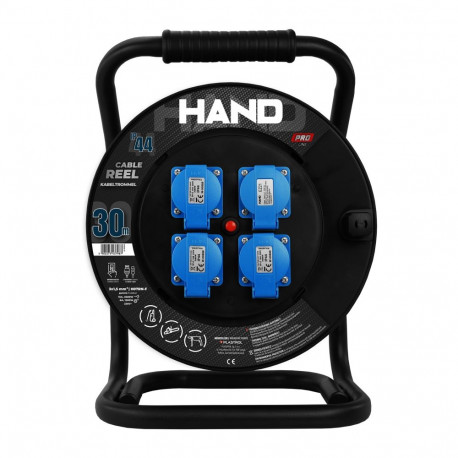 Kaablirull Hand Pro seeria; 3x(2p+z) +1x(usb-a;usb-c); IP44; 16A; H07RN-F; 3×1,5; 30m; Schuko, must