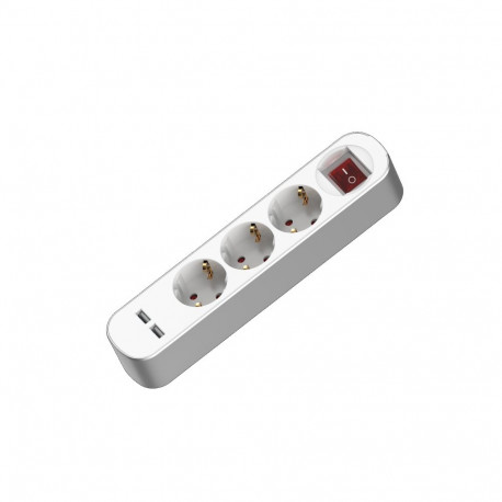 pikendusjuhe kolme pistikupesa ja lülitiga, Schuko ja USB, 3x2P+Z, 16A, 3m, valge