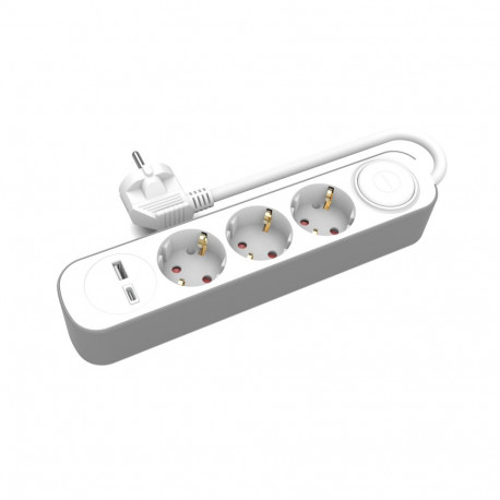 3-pesaline Schuko pikendusjuhe lüliti ning USB-A- ja USB-C-pesadega
