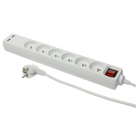 Kuue pistikupesa ja lülitiga pikendusjuhe, täiendavad USB-laadimispesad
