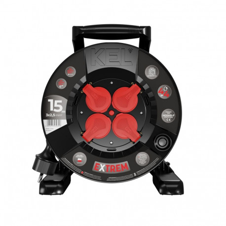 EXTREM LINE kaablirulliga pikendusjuhe 4x2p+Z, IP44, 16A, H05RR-F, 32,5, 15m, must