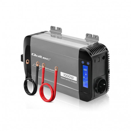 Qoltec pingeinverter puhas siinuslaine 12V–230V 500/1000W LCD USB USB-C ühilduv LiFePo4, GEL, AGM