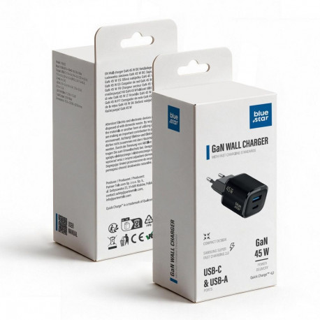 Phone charger Blue Star Nano GaN USB C + USB A QC4.0 PD 3A 45W VT-334 black