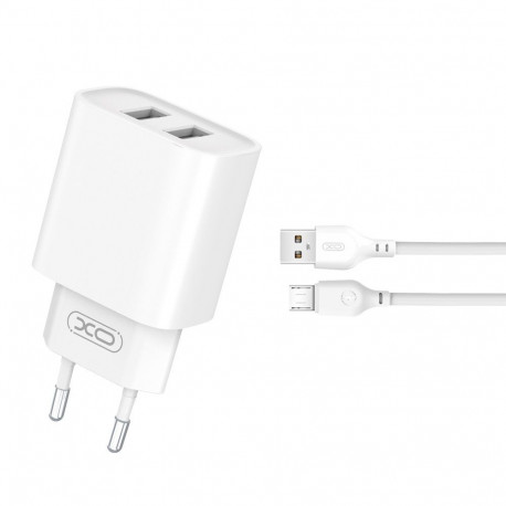 Xo võrgulaadija CE02C 2x USB 2,1A koos microUSB-kaabliga, valge