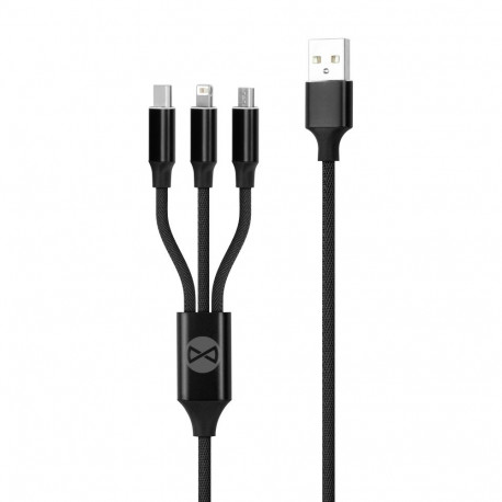 Forever 3-ühes USB-kaabel Lightning + USB-C + microUSB 1,2m 2A, must