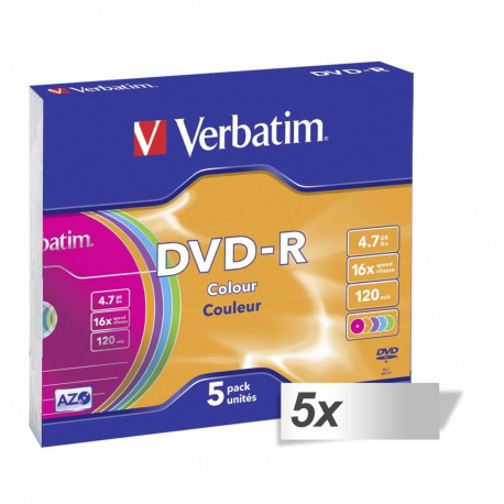 Verbatim DVD-R 5x5 4,7GB 16x Speed, õhuke karp, värvilised