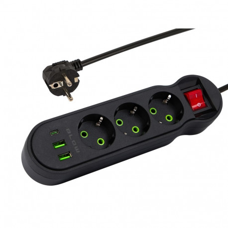 98-327# ps-340 võrgupikendus 3-pesaga 2xusb+usb-c 5m must 3x1mm