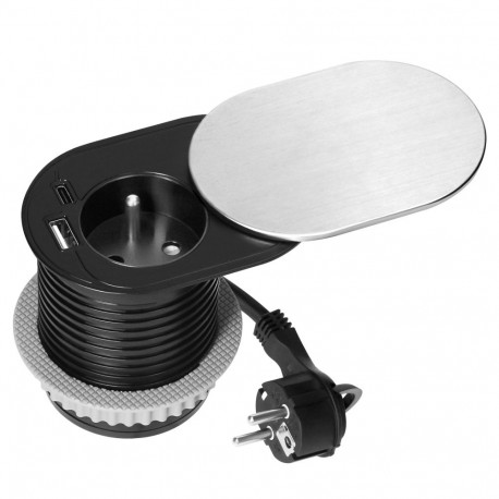 Mööblipesa -6cm, tasapinda süvistatav, liugkaanega, USB-laadija ja 1,9m juhtmega, 1x2P+Z (Prantsuse)