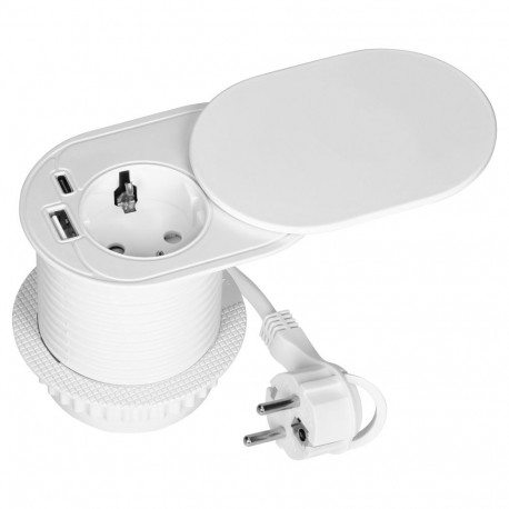 Mööblipesa -6cm, tööpinda süvistatav, liugkaanega, USB-laadija ja 1,9m kaabliga, 1x2P+Z (Schuko), 2x