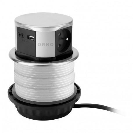 Mööblipesa 10cm tööpinnast väljatõmmatav, USB-laadija ja 1,5m juhtmega, 3x2P+Z (Prantsuse), 2xUSB (t