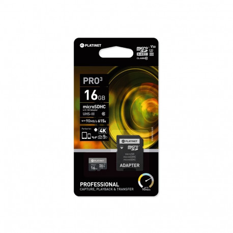 PLATINET microSDHC SECURE DIGITAL + ADAPTER SD 16GB class10 UIII 90MB/s [44001]