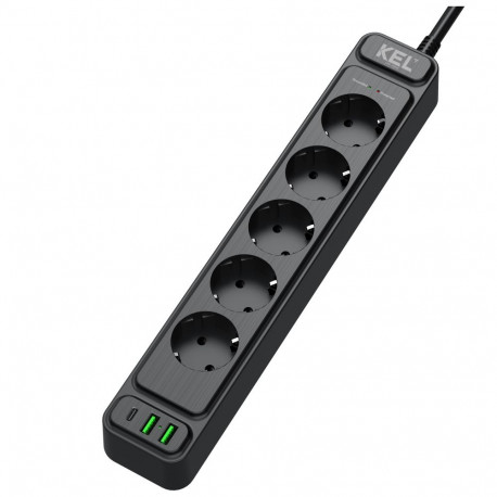 KEL ülepingekaitsega pikendusjuhe, 5 2P+Z pistikupesa, 2 USB-A-pesa ja 1 USB-C-pesa, 5m, Schuko