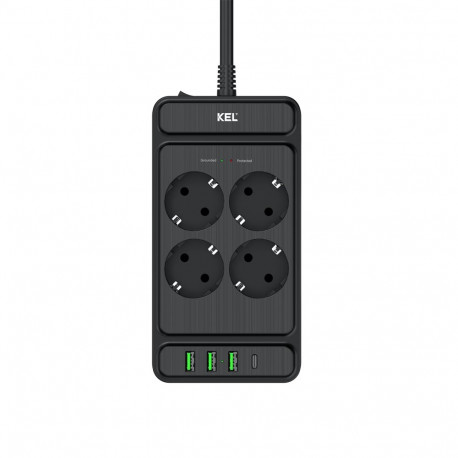 KEL ülepingekaitsega pikendusjuhe, 4 2P+Z pistikupesa ning USB-A- ja USB-C-pesad, 2m, Schuko