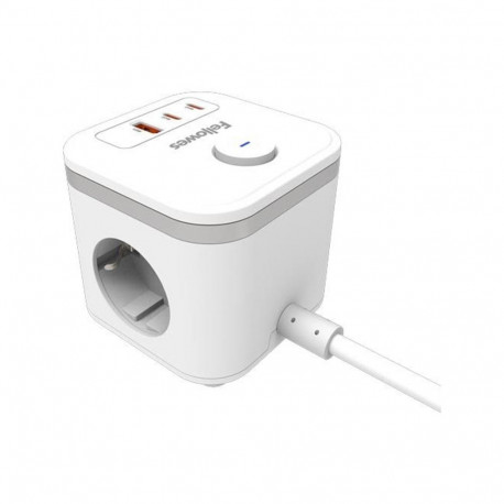 Pikendusjuhe FELLOWES Ampra 3-pesa, 1 x USB-A ja 2 x USB-C, lülitiga valge