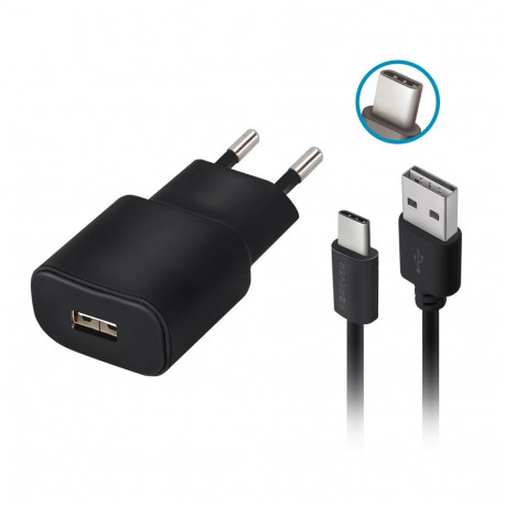 Forever võrgulaadija tc-01 1x USB 2A + USB-C kaabel, must