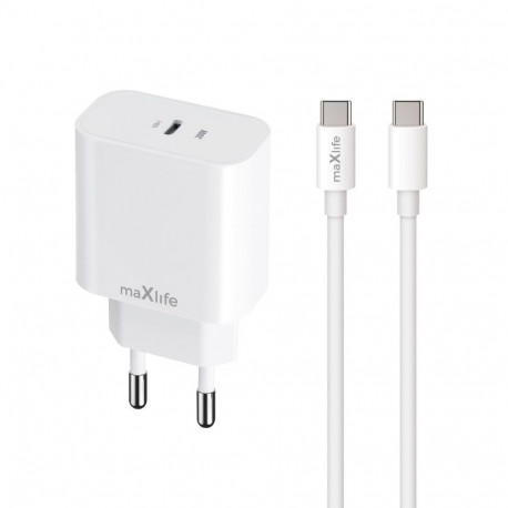 Maxlife võrgulaadija MXTC-06-20C PD QC 1x USB-C 20W koos USB-C–USB-C kaabliga 20W, valge