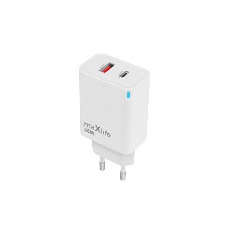 Maxlife võrgulaadija mxtc-09-45ac GaN PD QC 1x USB-C 1x USB 45W, valge