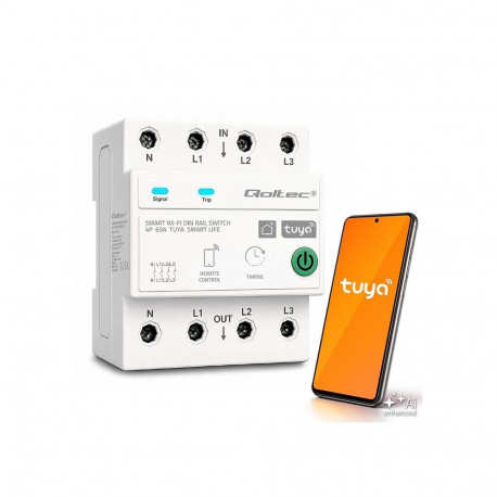 Qoltec kolmefaasiline relee 63A DIN-liistule | 3P+N | taimer | Wi-Fi | Tuya | Smart Life | Amazon Al
