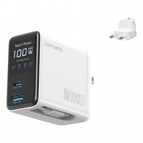 4smarts laadija GaN Flex Screen AI 100W 2 USB-C + 1 USB-A, valge