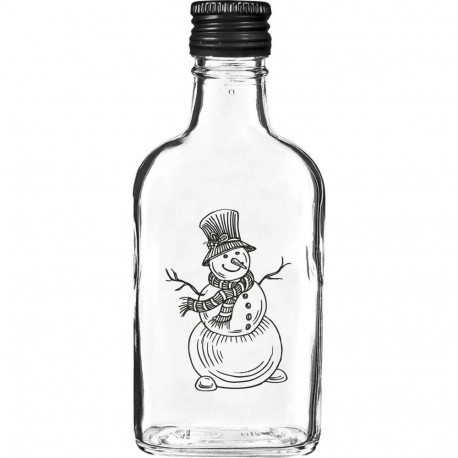 Browin Hip Flask Bottle 631771, 200 ml, decorative snowman print, black screw cap 28 mm, reusable
