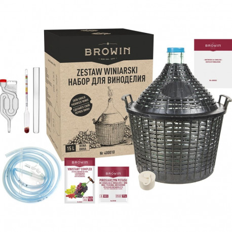 Browin 400010 winemaking kit, 15L glass demijohn, 4kg, with airlock, hydrometer, hose