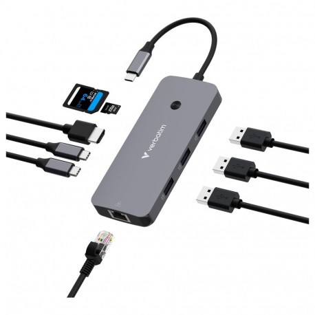 D Verbatim USB-C mitme pordiga jaotur CMH-09, 9 Port (HDMI, RJ-45, 3x USB-A, 2x USB-C, SD, microSD),