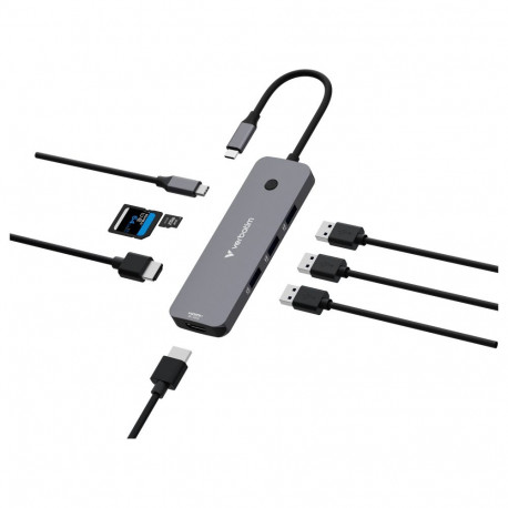 "D Verbatim USB-C Pro Multiport-Hub CMH-08, 8 Port (grau, 2x HDMI, 3x USB-A, USB-C PD, SD, microSD)"