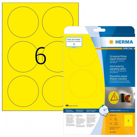 HERMA Signs kilemärgised A4 Ø85mm 150tk, ümmargused, kulumiskindlad, tugeva nakkumisega, matid ja il