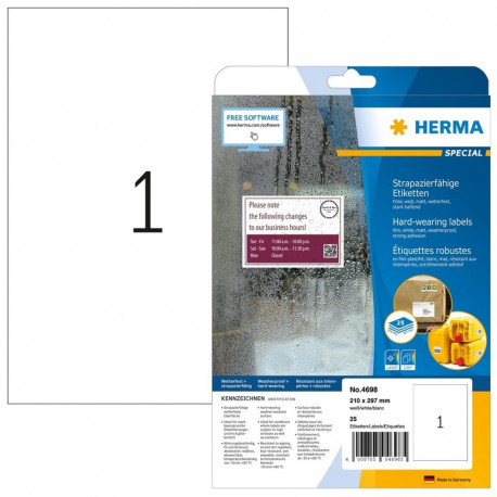 HERMA etiketid A4 210x297mm, valged, tugeva nakkuvusega, vastupidavast matist ilmastikukindlast kile