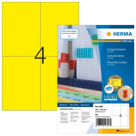 HERMA värvilised etiketid A4 105x148mm, matt kollane paber, 400 tk.