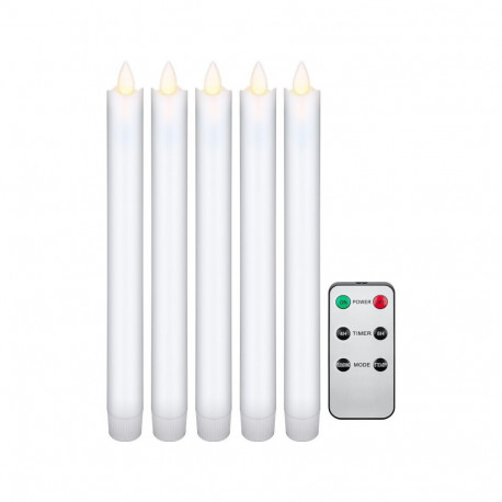 Set of 5 white LED real wax rod candles, incl. remote control