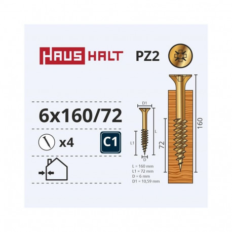 CHIPBOARD SCREW 6.0X160/72 YLW ZN 4PCS