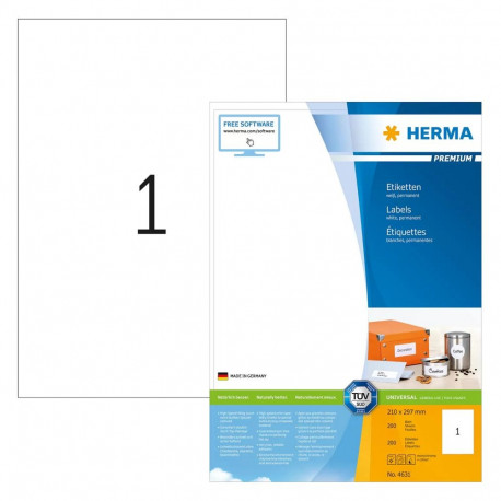 HERMA paberetiketid Premium A4 210x297mm 200tk, valged
