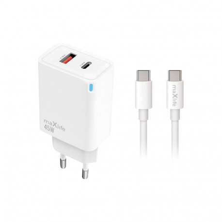 Maxlife MXTC-09-45AC PD QC charger 1x USB-C 1x USB 45W white + USB-C - USB-C cable 2.0m 60W