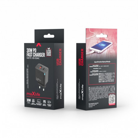 Maxlife MXTC-09-30AC GaN PD QC charger 1x USB-C 1x USB 30W black