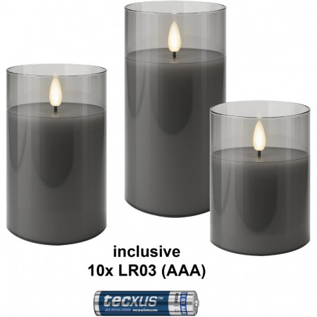 Goobay Set of 3 LED Real Wax Candles in Glass, Grey-Transparent, incl. 10x AAA (LR03)