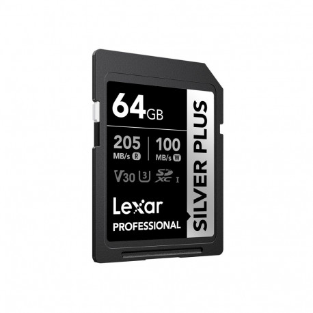 Memory Card - Lexar Professional SILVER PLUS 64GB SDXC, UHS-I, 205 MB/s Read, 100 MB/s Write, U3 V30