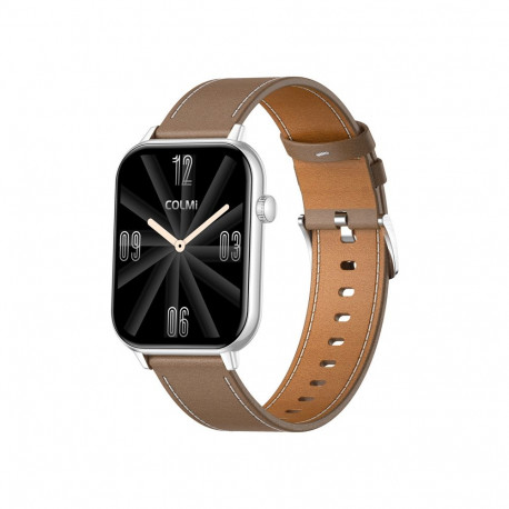 Smartwatch - COLMi C28 1.93-Inch AMOLED Bluetooth Calling Silver Brown Leather Strap