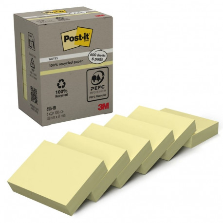Märkmepaber iseliimuv Post-it 653 Recycled Notes, 100% taaskasutatud paber, kollane 38 x 51mm (pakis