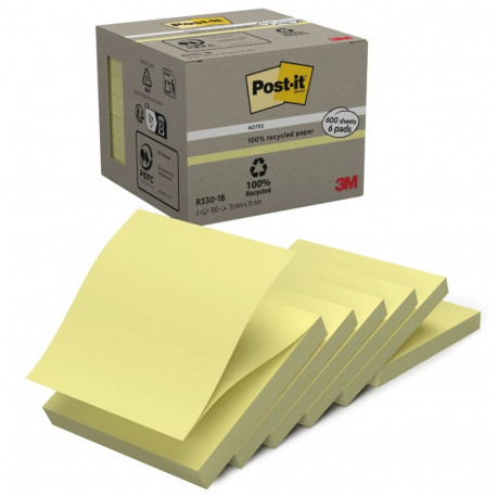 Märkmepaber iseliimuv Post-it Z-note R330 Recycled Notes, 76 x 76mm kollane, pakis 6x100l, 100% taas