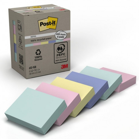 Märkmepaber iseliimuv Post-it 653 Recycled Notes, 100% taaskasutatud paber, assortii 38 x 51mm (paki