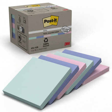 Märkmepaber iseliimuv Post-it 654 Recycled Notes, 100% taaskasutatud paber, assortii 76 x 76mm (paki
