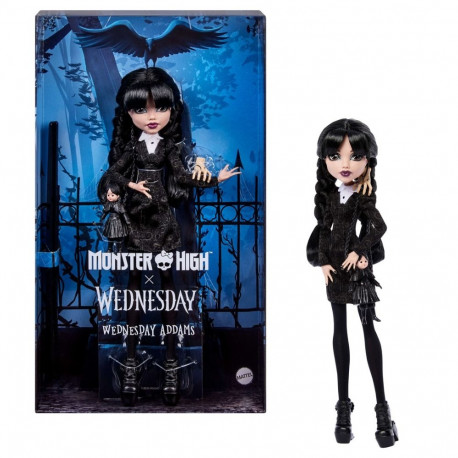 Monster High x Wednesday kogumisnukk Wednesday Addams musta kleidi ja Thingi aksessuaariga