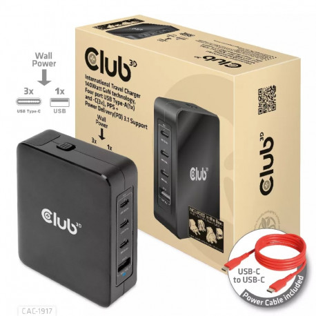 CLUB3D International Travel Charger 140W GaN technology  Four port USB Type-A(1x) and -C(3x)  PPS + 