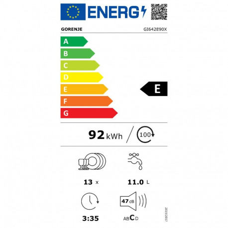 Gorenje nõudepesumasin GI642E90X EB, integreeritav, E, 60cm, 47dB, 11L, 6 programmi, korv