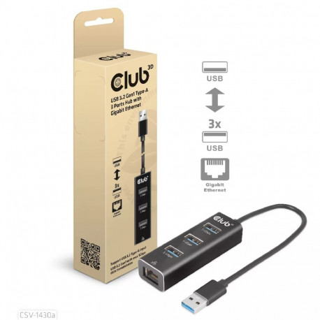 CLUB3D USB 3.2 Gen1 Type-A  3 Ports Hub with Gigabit Ethernet